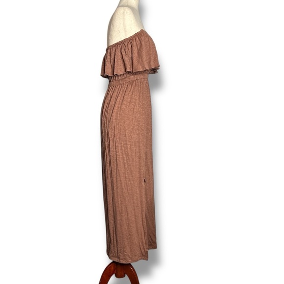 Express Mocha Brown Ruffle Strapless Slit Side Midi Dress size XSmall - Picture 2 of 7